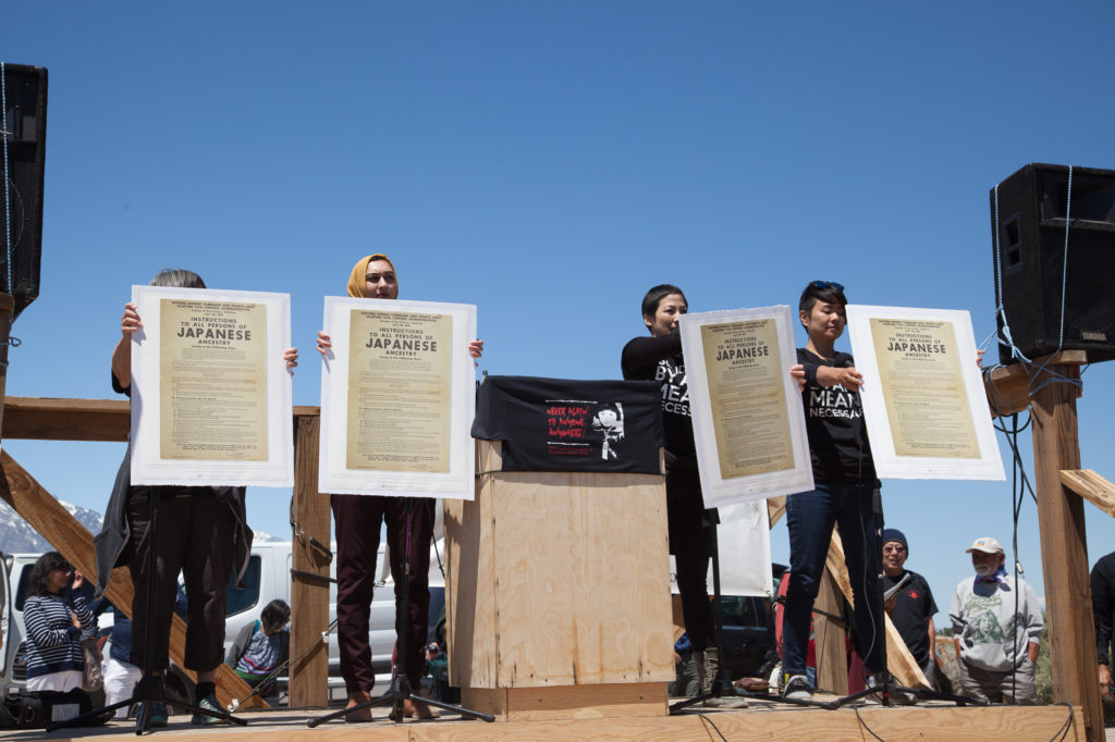 A performance by Vigilant Love, a solidarity community against violence and Islamophobia, which co-hosted the Manzanar Pilgrimage. From left: Kathy Masaoka, Sahar Pirzada, Traci Kato-Kiriyama, traci ishigo. Photo by Joanne Kim