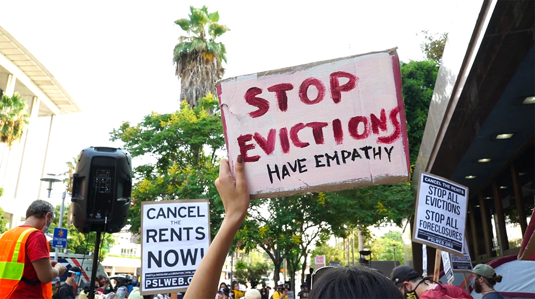 Protesters in downtown Los Angeles call for the cancellatioon of rent during the pandemic