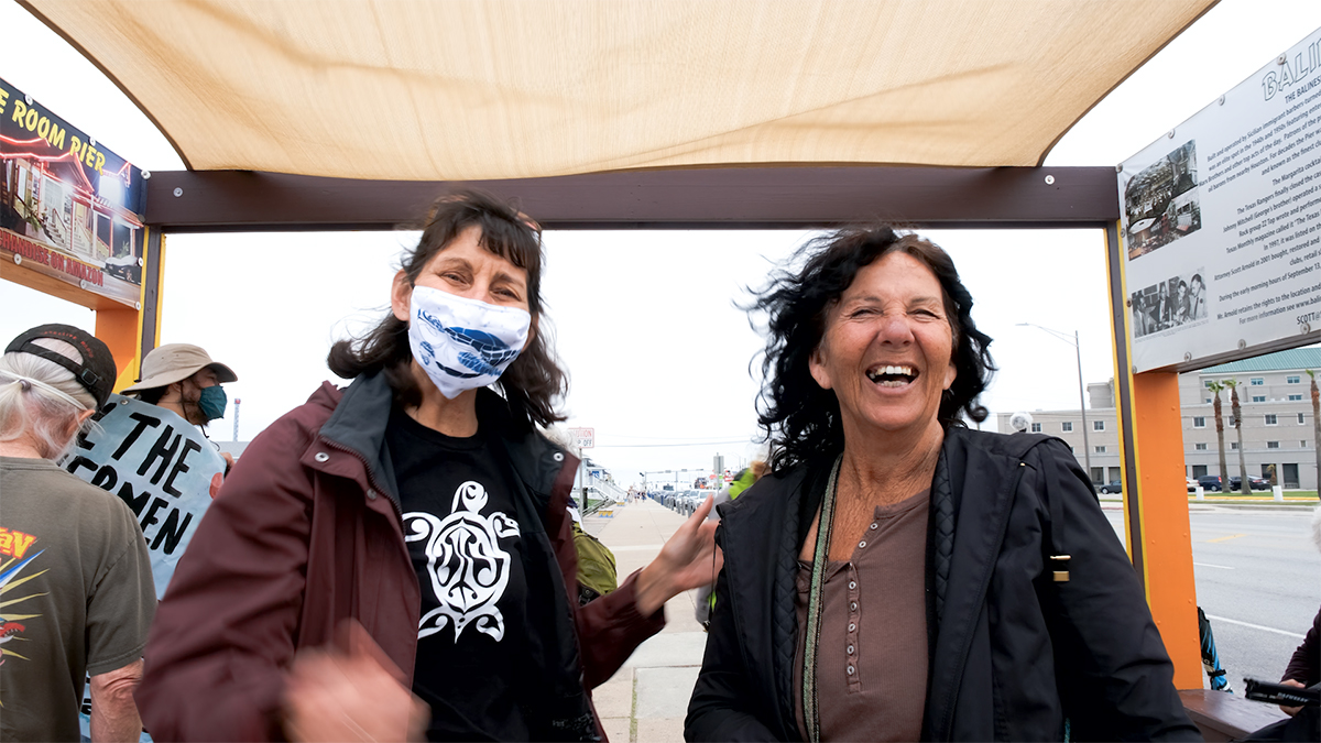 Diane Wilson (right) at a protest at the Army Corps of Engineers offices in Galveston on May 12. Photo by Dyar Dentz.