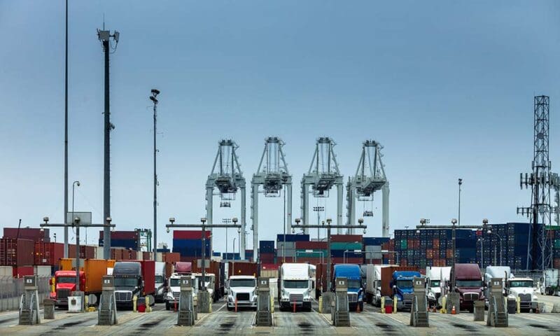 Shot of an intermodal shipping yard in the Port of Long Beach, California.