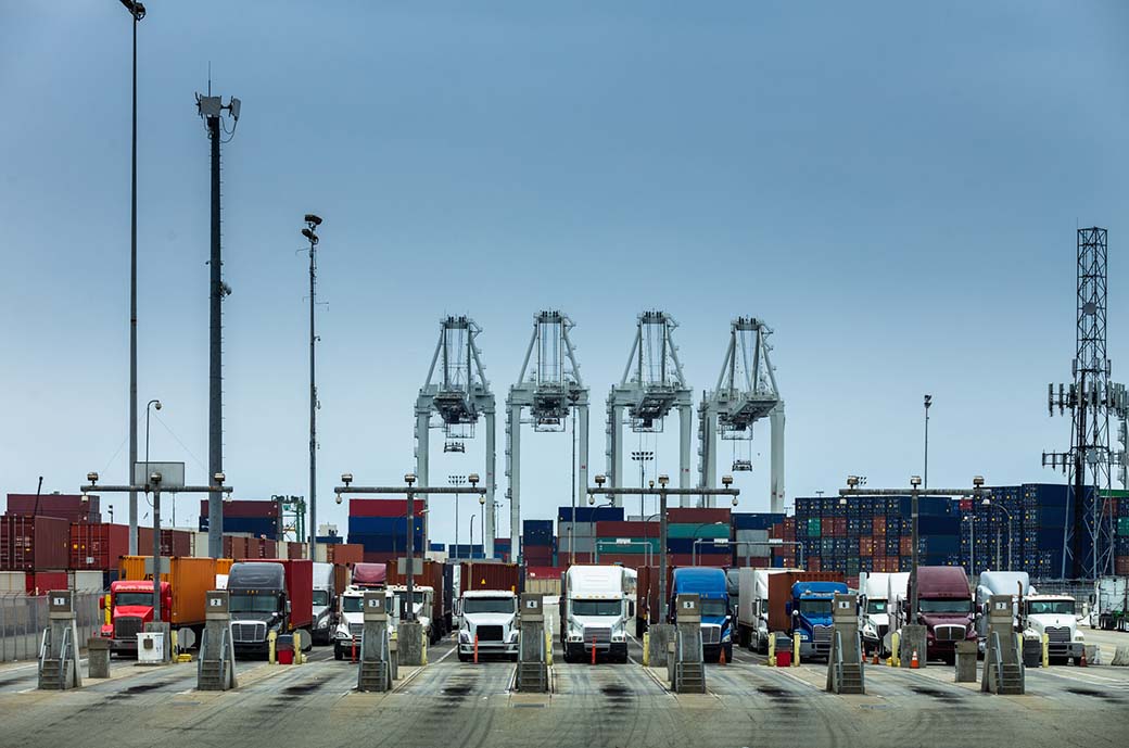 Shot of an intermodal shipping yard in the Port of Long Beach, California.