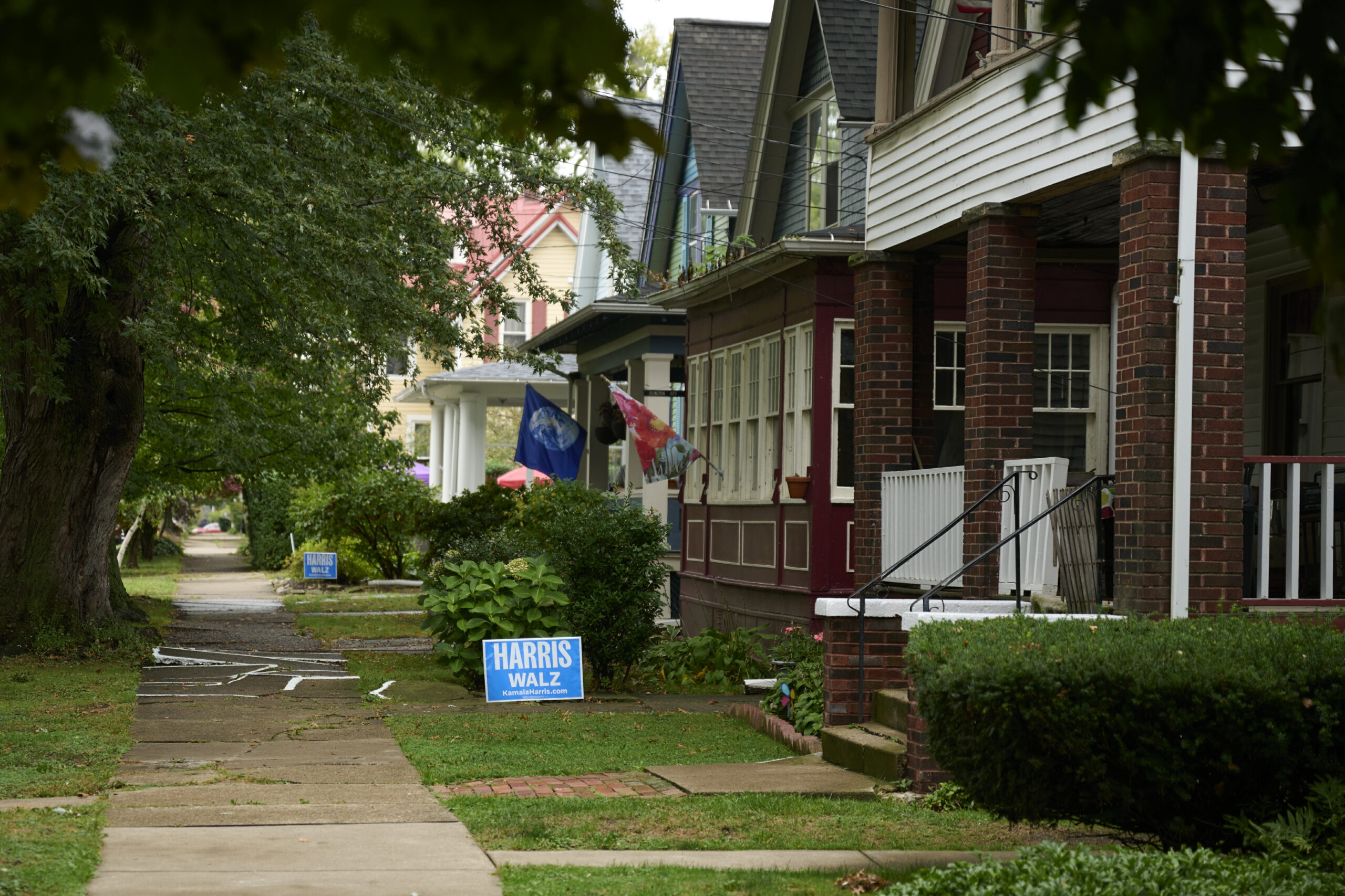 Campaign signs for both Harris and Trump can be seen on most streets around Erie.